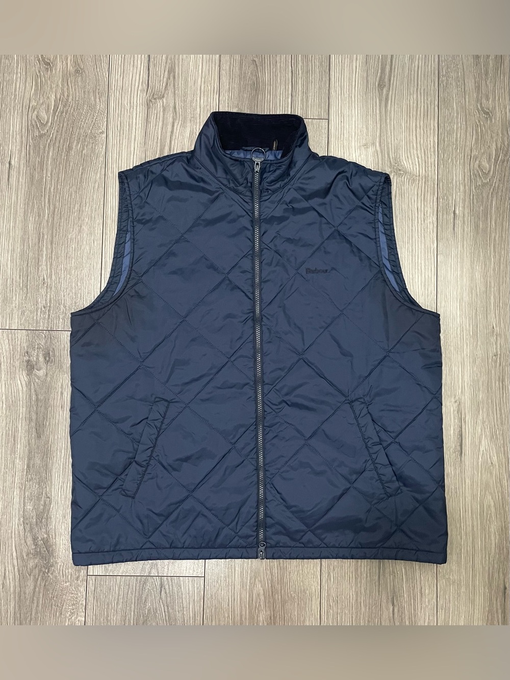 Barbour Finn Gilet Vest Mens 2XL Navy Green Quilted Corduroy Collar Full Zip
